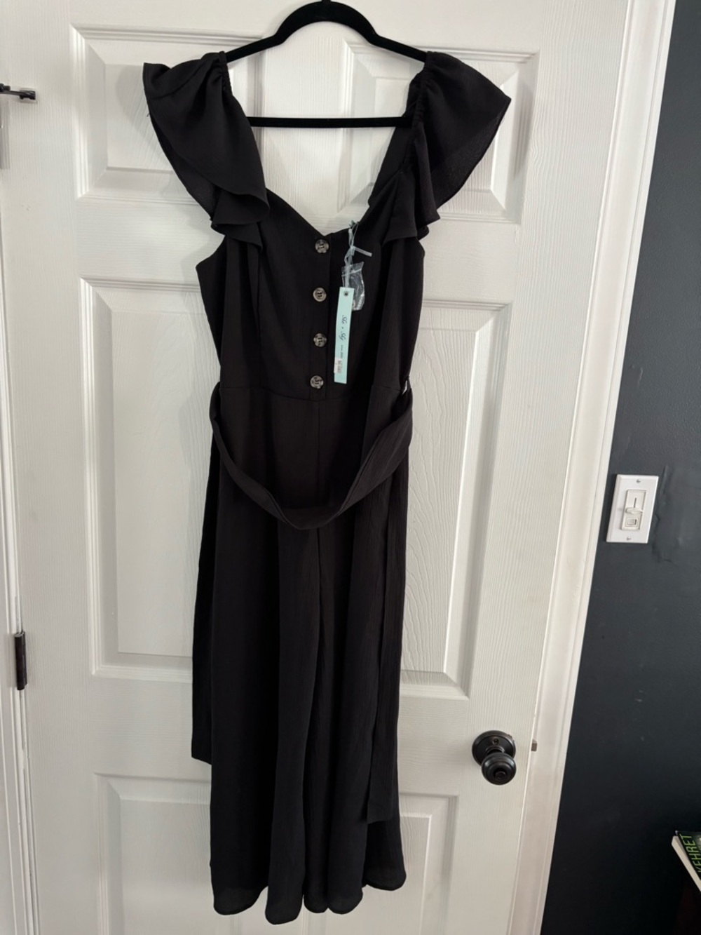She + Sky Black Ruffle-Shoulder Button Jumpsuit